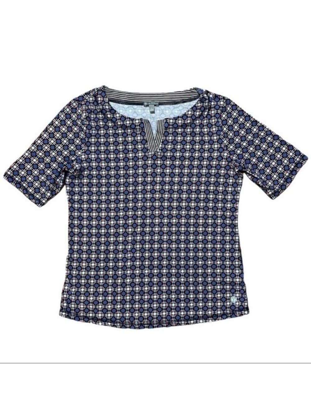 T By Talbots Womens Top-Small-Multicolor Geometric Print Split Neck Short Sleeve